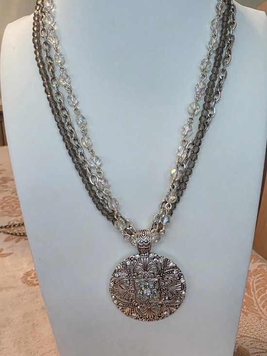 Jewelry - Silver-Tone Filigree Pendant Necklace with Clear Beads